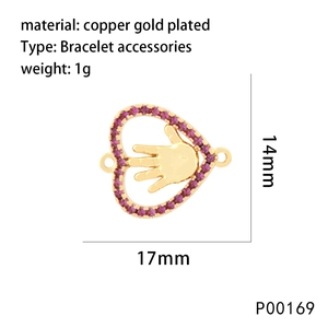 Gold-plated palm charm with purple stones and size dimensions 17mm by 14mm