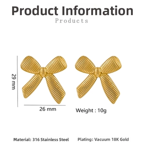 Detail of 18K gold plated stainless steel bow earrings with fine brushed metal texture