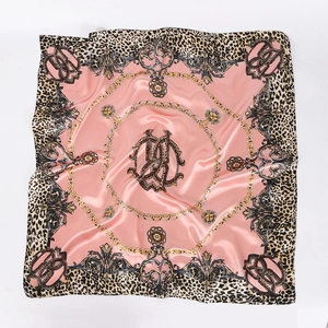 Pink leopard print square satin silk scarf with elegant chain pattern and high-gloss finish
