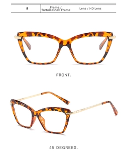 Front and 45-degree angle views of tortoiseshell cat-eye glasses with metal temples