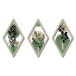 3-piece set of bohemian diamond-shaped wooden wall art with green botanical leaf patterns