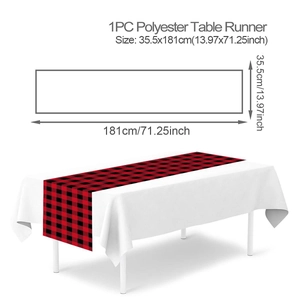 Detail view of 35.5x181cm red and black plaid Christmas table runner with size chart
