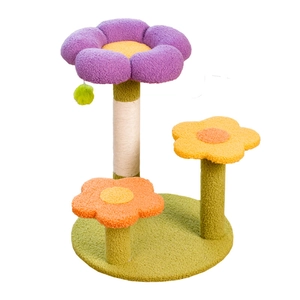 Three-tier flower shaped wooden cat tree with sisal scratching post and hanging toy ball