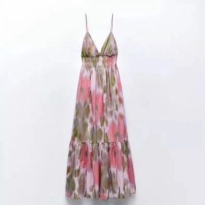 Women Abstract Floral Print V Neck Spaghetti Strap Midi Dress Smocked Waist Backless Tie Tiered Chiffon Sundress
