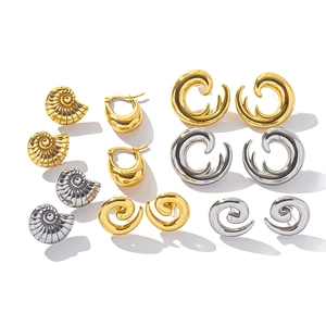 Minimalist titanium steel shell and wave stud earrings in polished gold and silver finishes