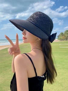 Close-up of elegant black straw sun hat with a decorative bow in an outdoor setting