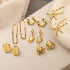 18K Gold Plated Copper Earrings Heart Geometric Chain Link Studs Minimalist Retro Fashion Jewelry Accessories For Women
