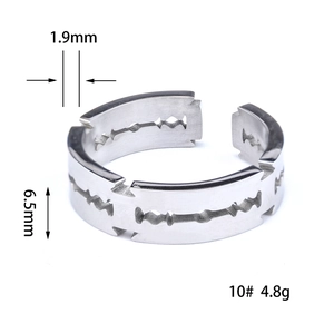 Detail view of razor blade shaped steel ring with brushed texture and cut-out design