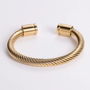18K gold plated stainless steel twisted cable open cuff bracelet for men on white background