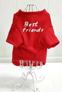 Close-up of red cotton pet T-shirt with Best Friends print on a mannequin