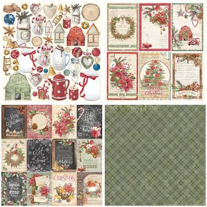 12 sheets of vintage Christmas scrapbook paper with festive illustrations and red-green patterns