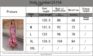 Size chart showing measurements for the bohemian floral print maxi dress style 25154