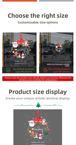 Detail view of Merry Christmas window decals with Santa, reindeer, and snowman motifs