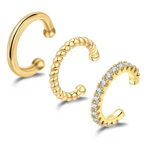 S925 brass gold plated C-shape ear cuff set with twisted and cubic zirconia designs