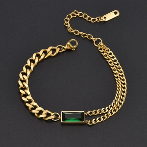 Vintage titanium steel necklace featuring a green emerald pendant on black background