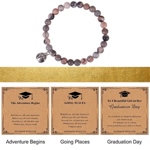 Natural stone bead bracelet with ladybug charm and graduation theme greeting cards