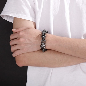 Gothic skull leopard head bracelet in vintage silver stainless steel for men's biker style