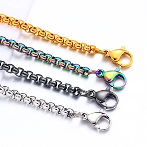 Stainless steel box chain necklaces in gold, silver, black, and rainbow colors with lobster clasp