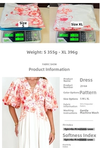 Detail showing red floral dress weight on scale with 95% polyester fabric information
