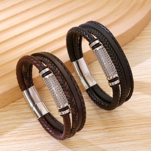Men Multi-layer Woven Leather Bracelet Stainless Steel Magnetic Buckle Retro Casual Fashion Wristband Jewelry