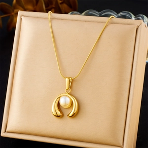 Artificial Pearl Pendant Stainless Steel Necklace For Women Gold Plated U-Shaped Open Ring Snake Bone Chain Simple Fashion Jewelry