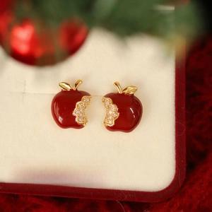 Chic red enamel apple stud earrings with gold finish and zircon for festive holiday jewelry