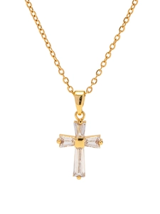 Detail of 18K gold stainless steel cross necklace featuring baguette cut white zircon stone