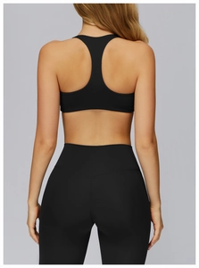 Rear view of a black sports bra with racerback design and matching high waist leggings
