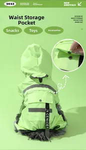 Detail of the bright green dog raincoat showing the functional waist storage pocket