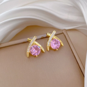 Luxury gold-plated cross drop earrings with pink zircon stone and micro-pave crystals