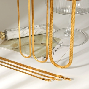18k gold plated stainless steel flat snake chain necklace with layered styling