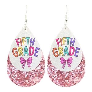 Teardrop leather earrings with Fifth Grade print and pink glitter layer for teachers