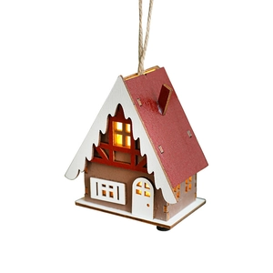 LED wooden Christmas house ornament with red roof and snowy details on white background