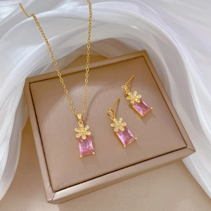 Pink Zircon Flower Pendant Necklace And Earrings Elegant Gold Plated Jewelry With Silver Earring Post For Women