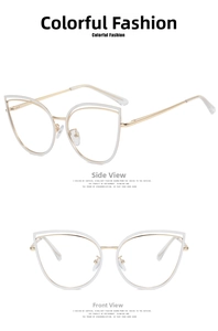 Front and side view of gold and white cat-eye metal frame glasses for women