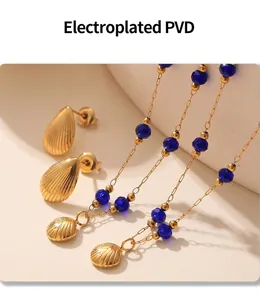 Detail view of shell-shaped jewelry set with gold plating and dark blue beads