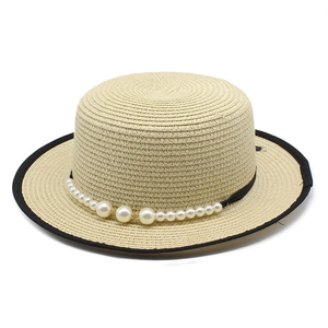 Elegant Women Straw Boater Hat French Retro Hepburn Style Flat Top Wide Brim Black Piping Faux Artificial Pearl Decor Summer Sun Hat