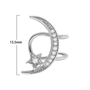 Macro view of silver star and moon ear cuff with cubic zirconia pave and measurement
