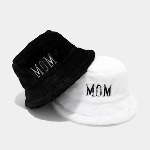 Winter plush faux fur bucket hats for women with MOM embroidery in black and white