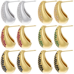 Set of 6 pairs 18K gold plated teardrop earrings with colorful zircon stones in a 2x3 grid