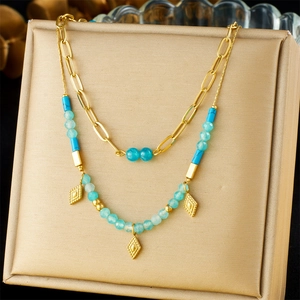 Double Layered Stainless Steel Necklace With Blue Beads And Rhombus Pendants Gold Tone Bohemian Retro Style For Women