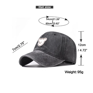 Detailed size guide for washed cotton baseball cap with embroidered bear mascot