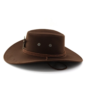 Detail of dark brown fedora hat with braided rope, metal star badge and adjustable chin cord