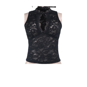Detail of black lace sleeveless top featuring a mandarin collar and hollow-out lace patterns