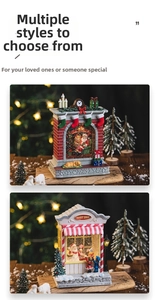 Detailed view of Santa fireplace and candy shop Christmas water lanterns with snow effect
