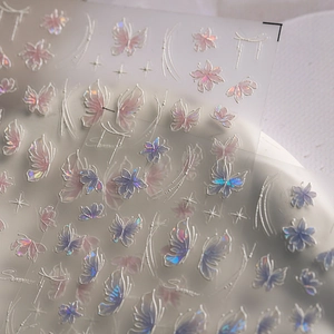 Holographic butterfly and flower nail art stickers with laser finish and 3D textures