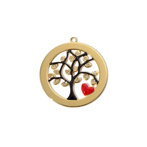 Detailed view of Tree of Life pendant with gold frame, black trunk and red heart inlay