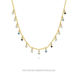 925 Sterling Silver Colorful Zirconia Tassel Necklace For Women Niche Design Luxury Vintage Square Stone Choker Necklace