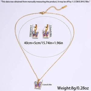 Detailed size specifications for butterfly necklace and earrings set with purple crystals