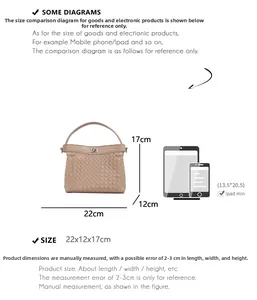 Detailed size guide for woven handbag measuring 22x12x17 cm compared to iPad mini